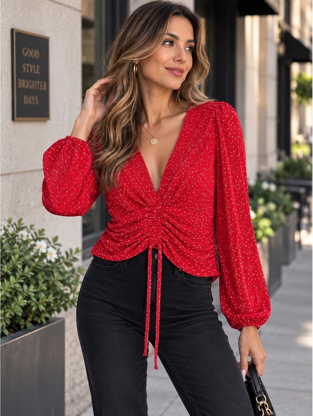 Maje Pleated Boho Polka Dot Top Red White Ruched Crop Blouse Size 2 Medium